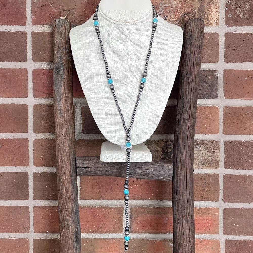 Navajo Style Pearl Lariat Necklace with Turquoise